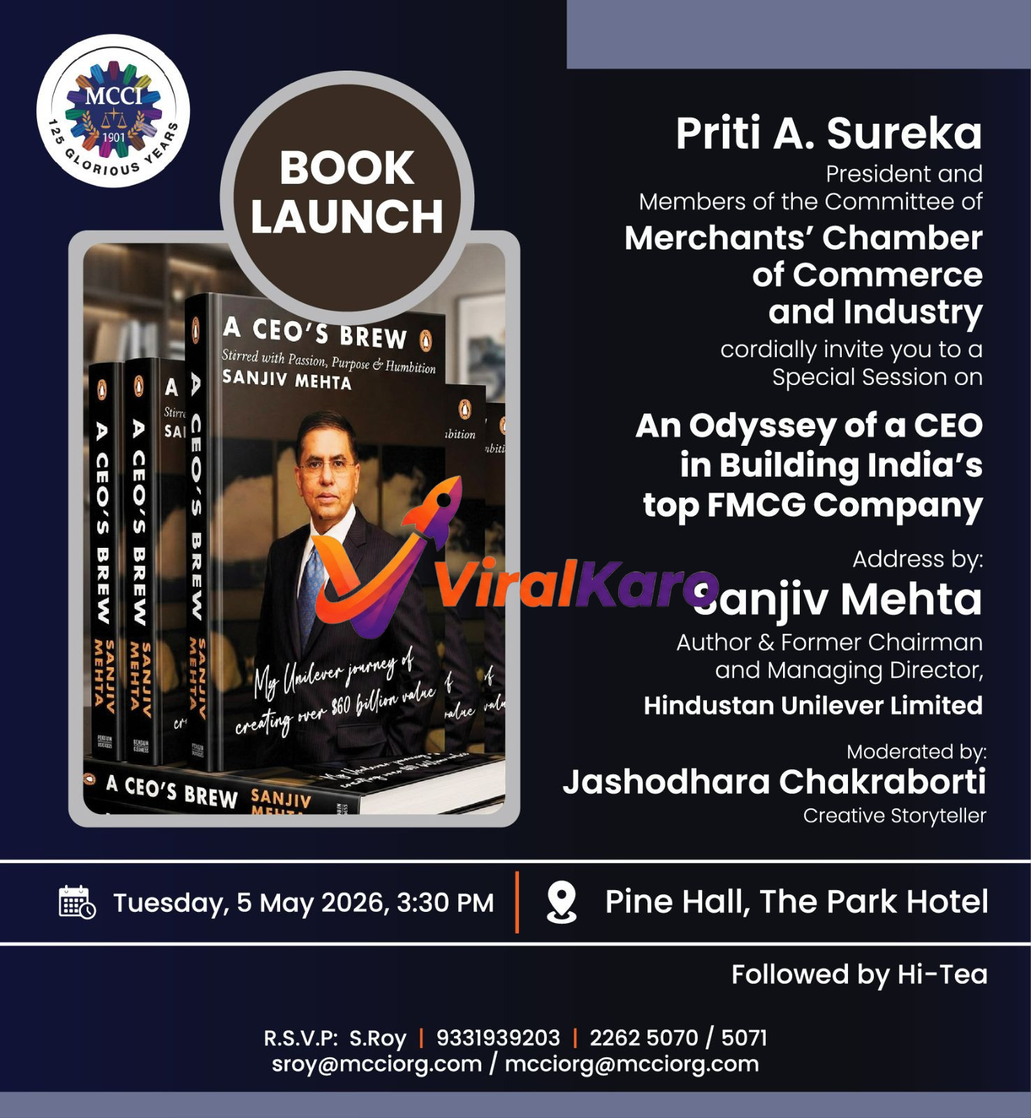 Promotional flyer for the book launch of 'A CEO's Brew' by Sanjiv Mehta, hosted by MCCI. The image features the book cover with Sanjiv Mehta's portrait, event details including date (Tuesday, 5 May 2026, 3:30 PM), venue (Pine Hall, The Park Hotel), speakers (Sanjiv Mehta, Priti A. Sureka, Jashodhara Chakraborti), and RSVP contact information. The MCCI logo with '125 Glorious Years' is visible, set against a dark background with white text.