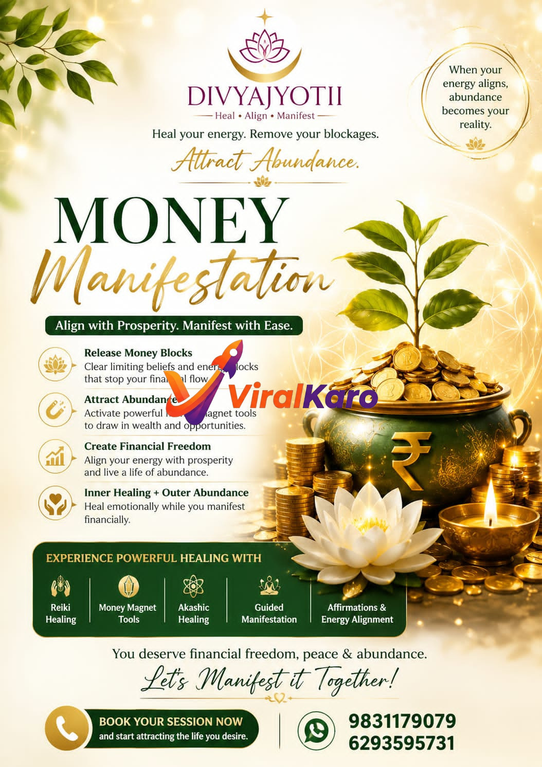 Money Manifestation poster by Divyajyotii featuring a lotus flower, golden coins, and spiritual healing services like Reiki and Akashic healing.