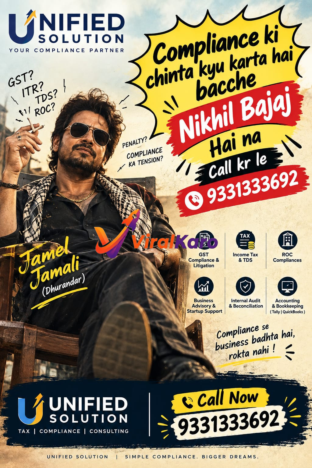 An advertisement for Unified Solution featuring a stylish man, listing tax services like GST, ITR, TDS, and ROC compliance, with contact number 9331333692.