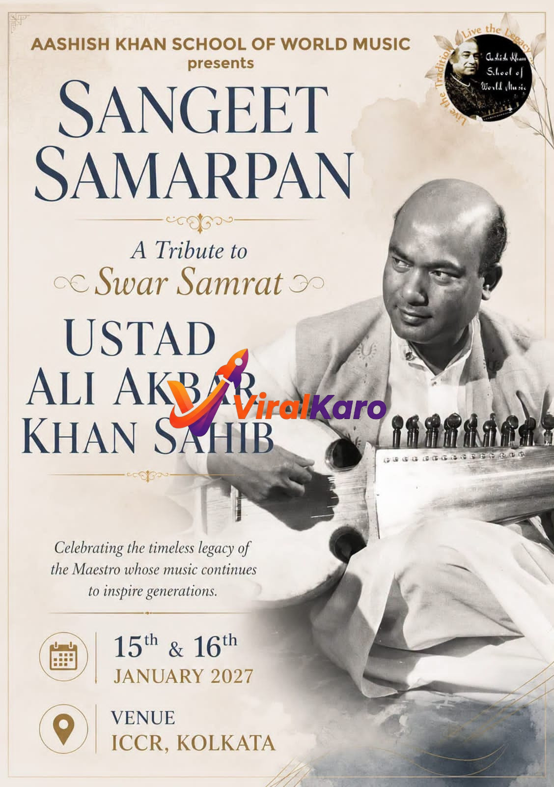 Event poster for Sangeet Samarpan, a tribute to Ustad Ali Akbar Khan Sahib held at ICCR, Kolkata.