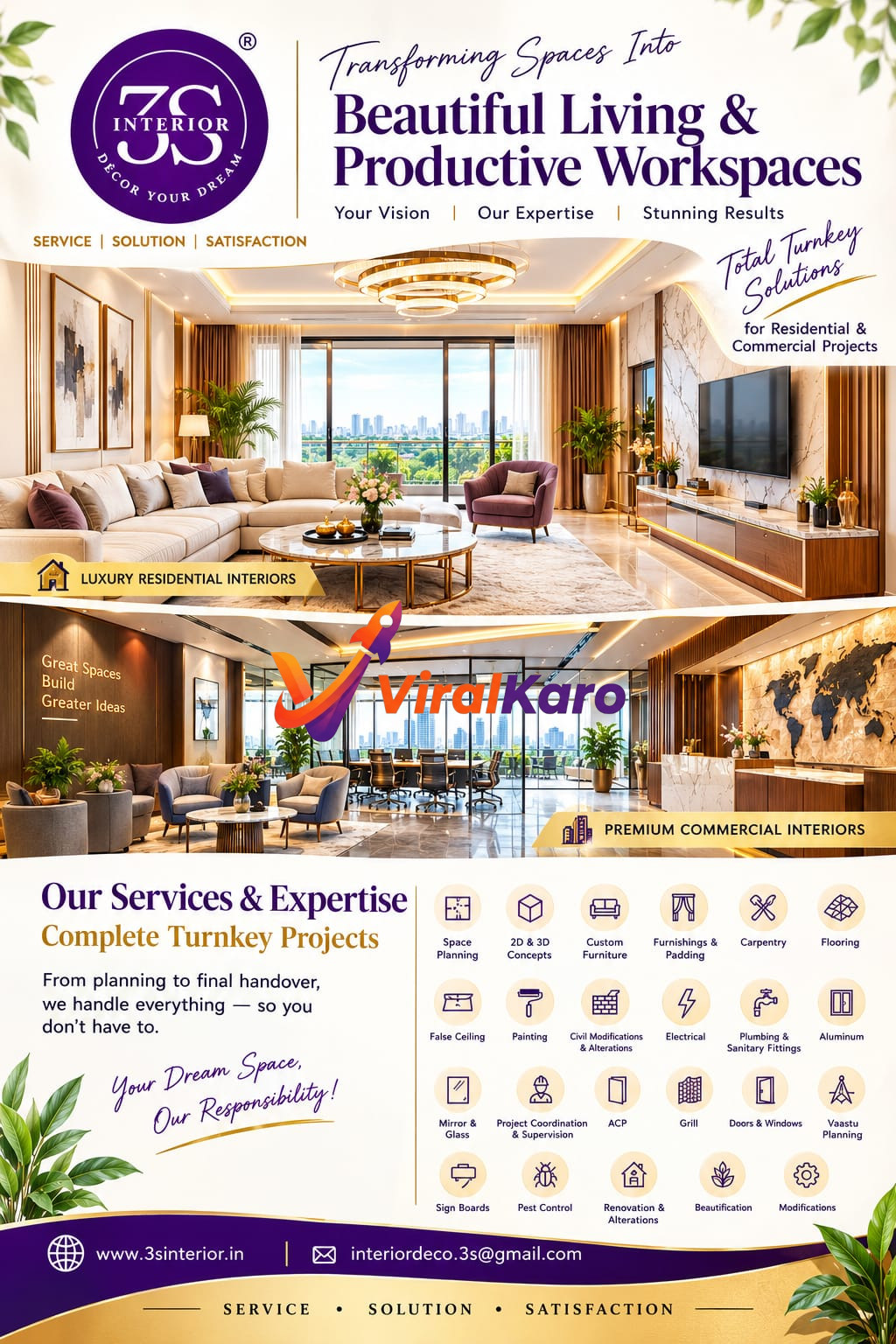 A collage showing a luxury living room and a modern commercial office interior by 3S Interior, featuring elegant furniture, false ceilings, and modern lighting.