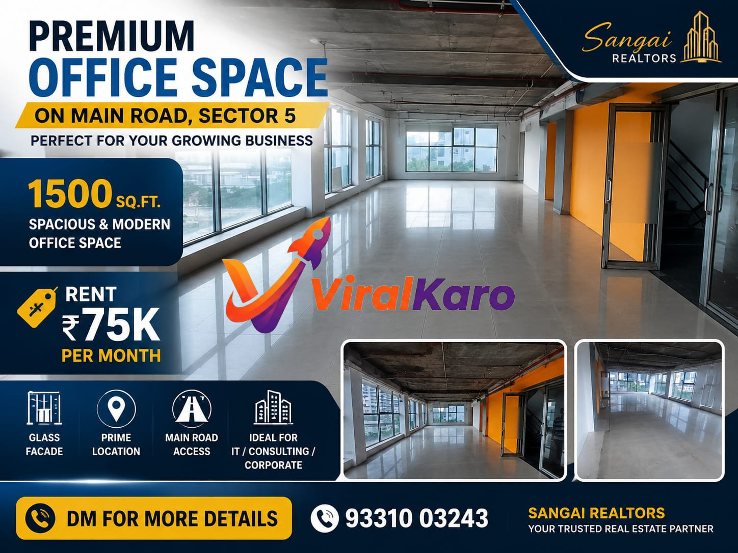 Modern 1500 sq. ft. empty office space for rent featuring large glass windows, white tiled flooring, and industrial ceiling in Sector 5, Kolkata.