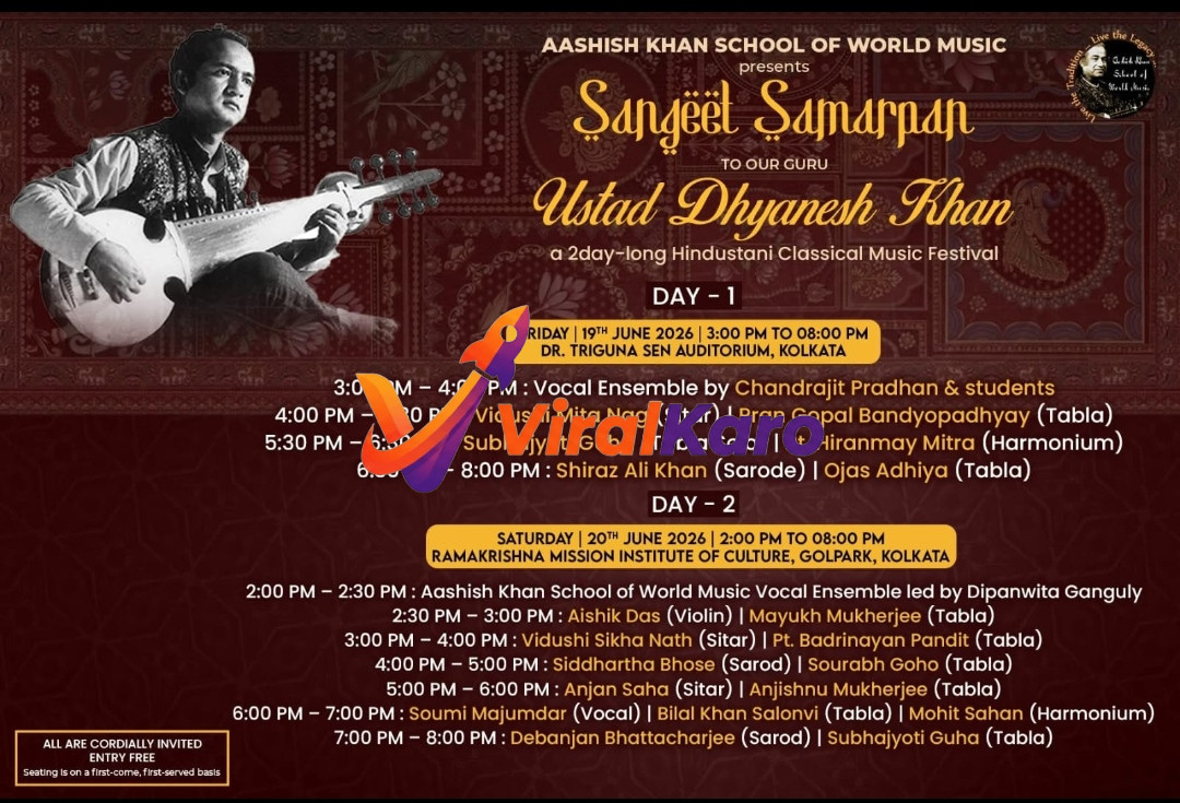 Event poster for Sangeet Samarpan music festival featuring a portrait of a musician holding a sarod, with event details listed for June 19th and 20th, 2026 in Kolkata.