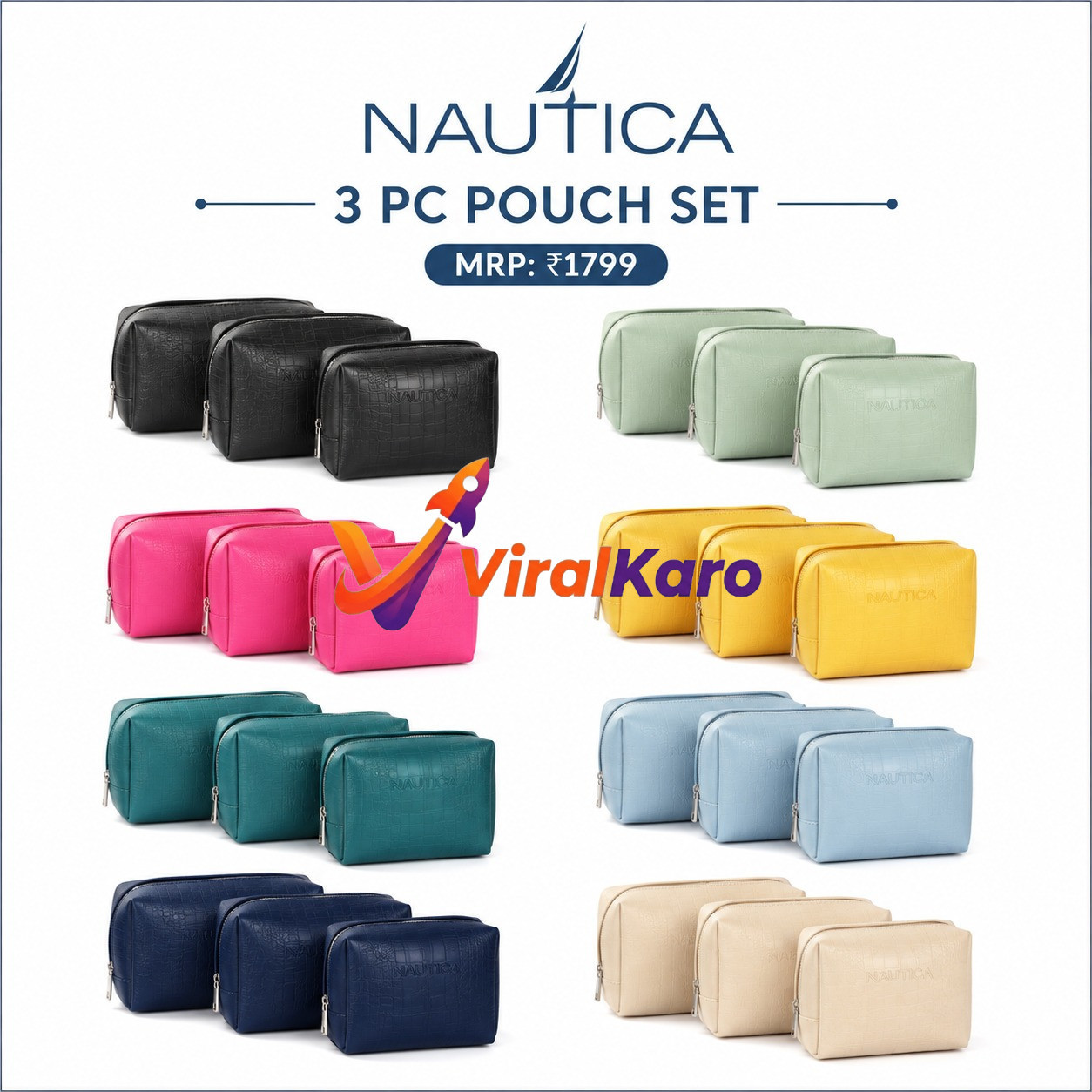 Collection of Nautica 3-piece pouch sets available in various colors like black, pink, yellow, teal, light blue, and beige.