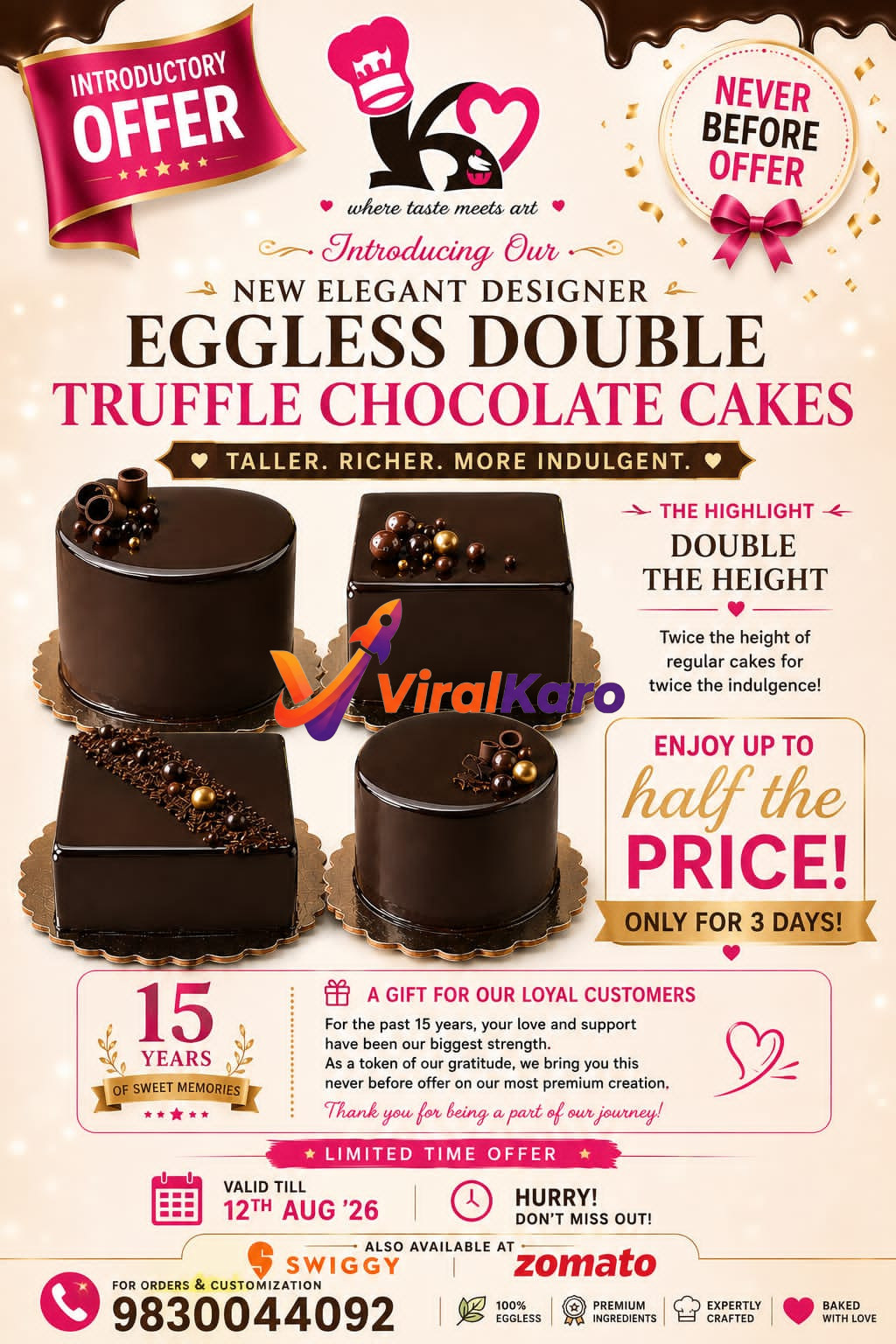 Four decadent, tall eggless double truffle chocolate cakes by Kookie Jar displayed for a 15th anniversary promotional offer.