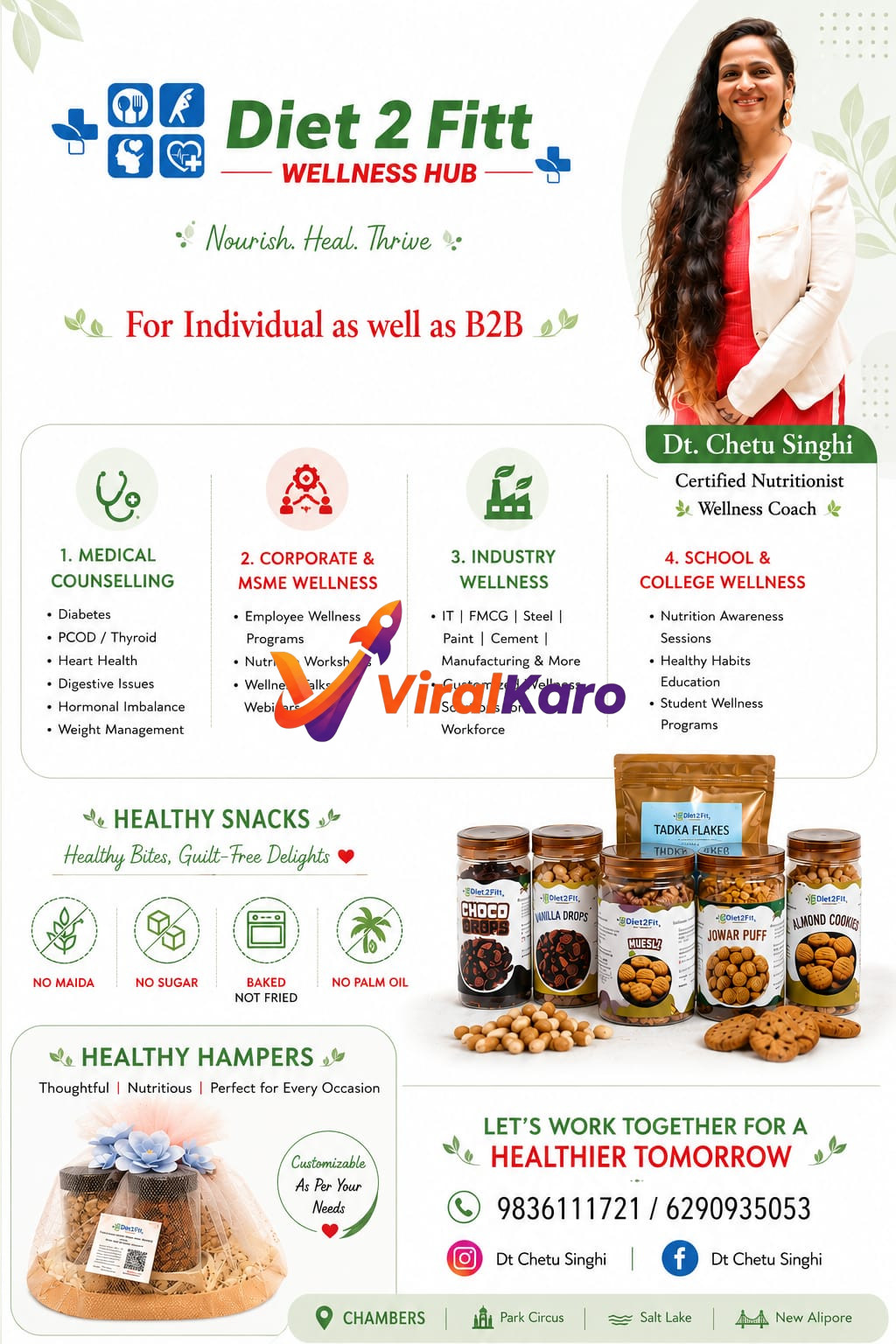 Diet 2 Fitt Wellness Hub brochure featuring Dt. Chetu Singhi, showing nutrition services, healthy snacks like almond cookies and jowar puffs, and contact details for Kolkata locations.