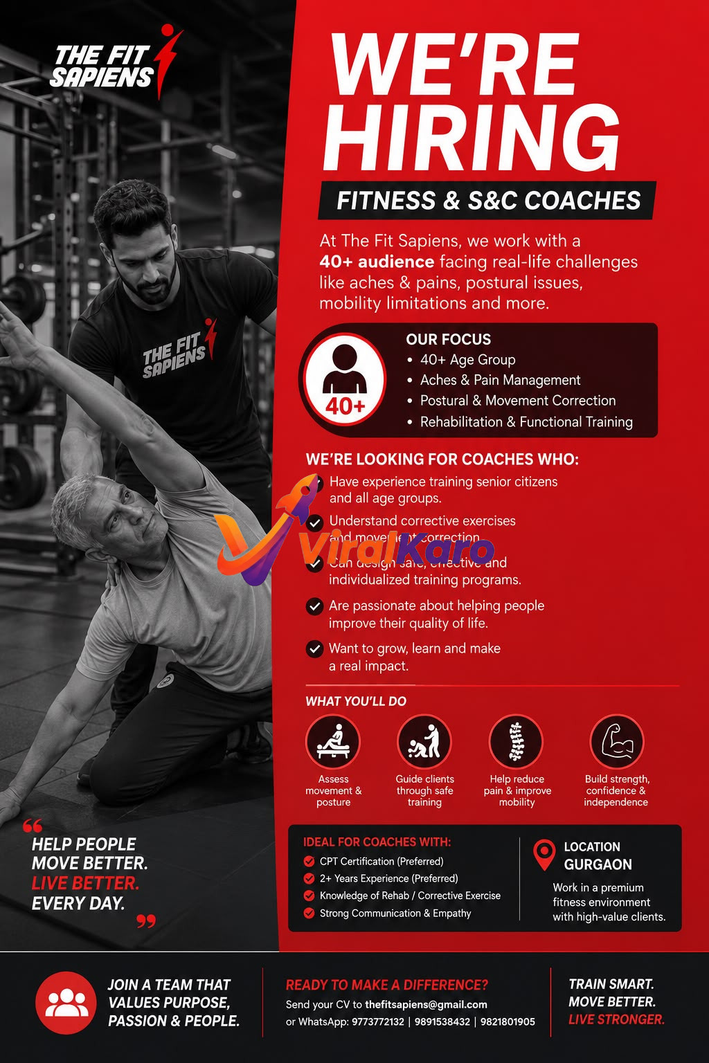 A professional fitness coach assisting an elderly man with corrective exercises at The Fit Sapiens facility, with job opening details for coaches visible.