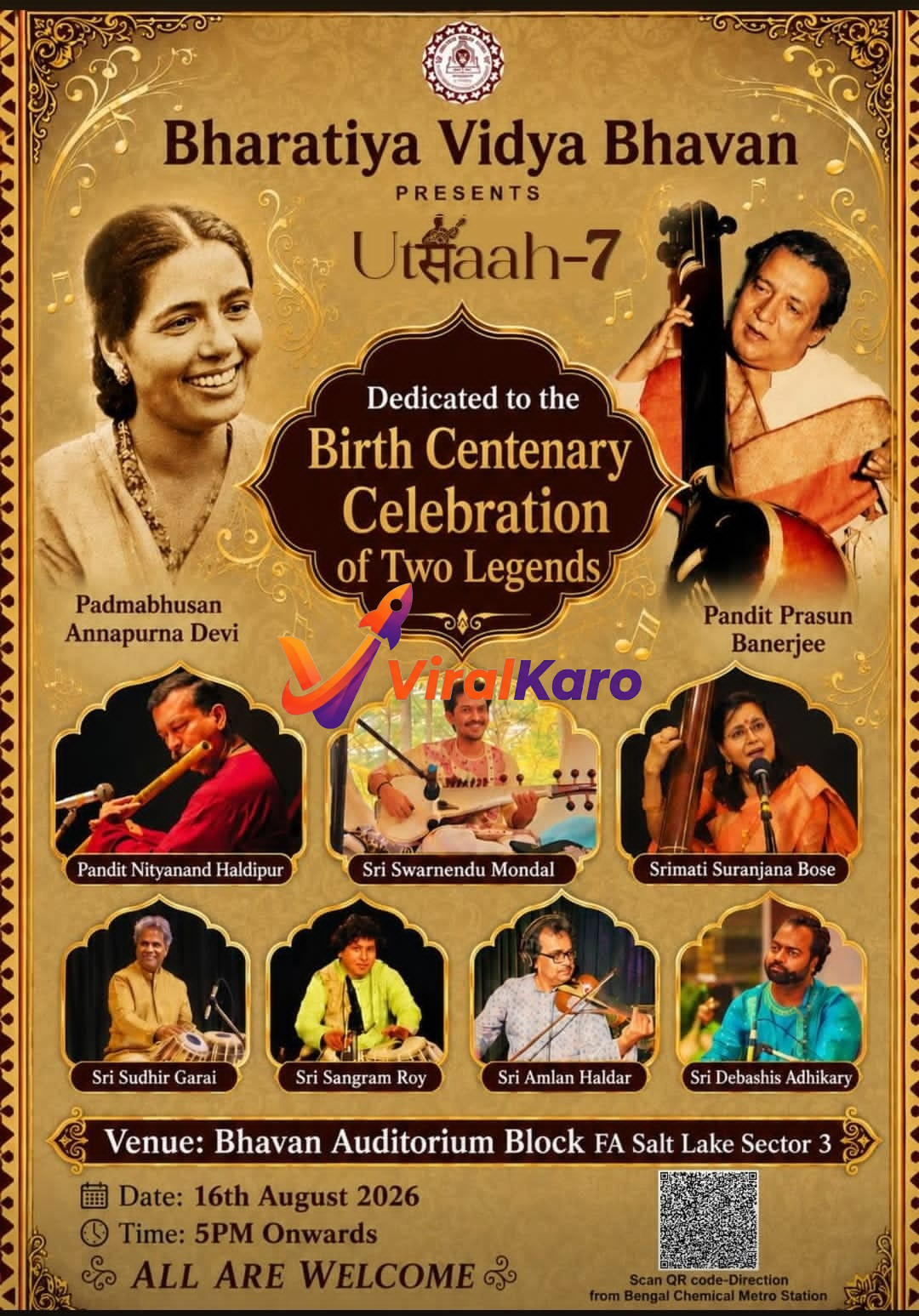 Event poster for Utsaah-7 musical concert organized by Bharatiya Vidya Bhavan in Salt Lake, featuring portraits of musicians and event details.