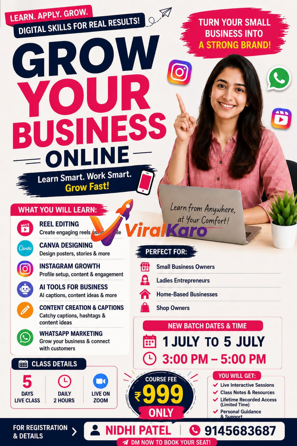 Digital marketing workshop advertisement featuring a woman working on a laptop, listing course modules like reel editing, canva designing, and AI tools.