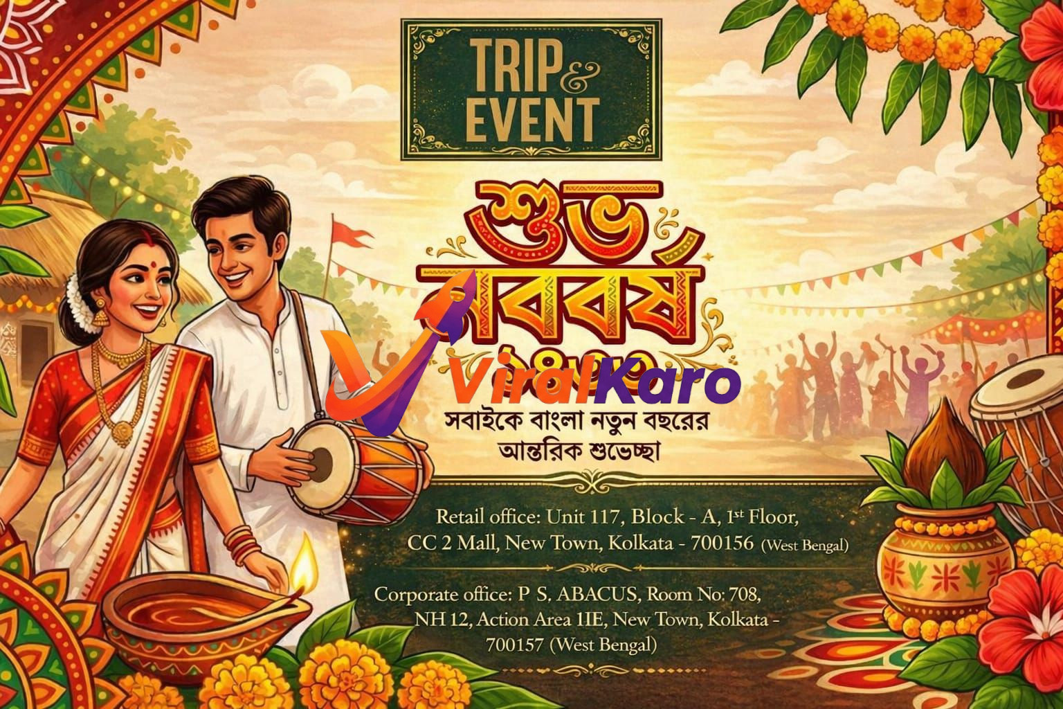 A vibrant illustration for Shuvo Noboborsho 1431, depicting a smiling Bengali couple in traditional attire, with the man playing a dhol and the woman holding a diya. The background shows festive decorations, marigold garlands, a kalash, and silhouettes of people celebrating, evoking the joyful spirit of Pohela Boishakh in Kolkata.
