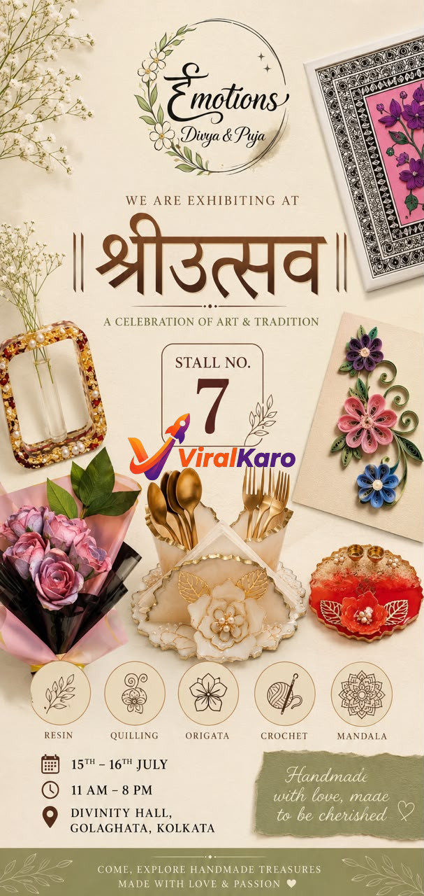 Promotional poster for Shri Utsav exhibition in Kolkata featuring handmade resin, quilling, and mandala art by Emotions by Divya & Puja.