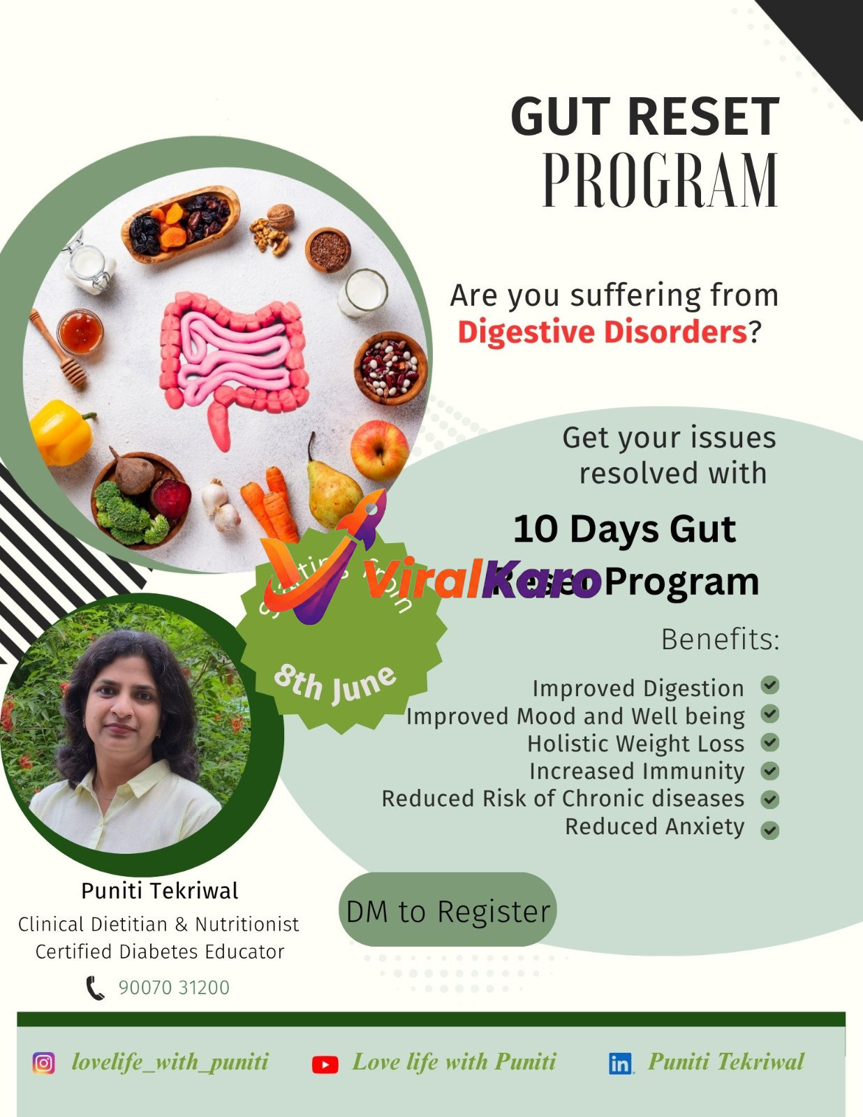 Flyer for a 10-day gut reset program by dietitian Puniti Tekriwal featuring a picture of healthy foods and digestive system illustration.