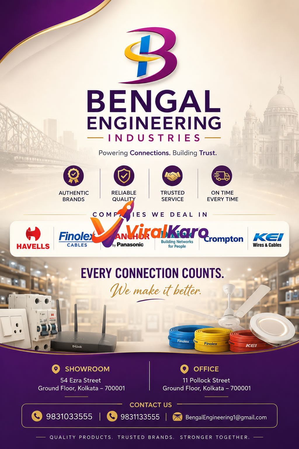 A vibrant advertisement for Bengal Engineering Industries, showcasing their logo, slogan 'Powering Connections. Building Trust.', and key values like 'Authentic Brands' and 'Reliable Quality.' The image displays logos of partner brands including Havells, Finolex, Anchor by Panasonic, D-Link, Crompton, and KEI. In the foreground, various electrical products such as switches, circuit breakers, a D-Link router, colored electrical wires (Finolex, KEI), a white ceiling fan, and an LED panel light are neatly arranged. Contact details for their showroom (54 Ezra Street) and office (11 Pollock Street) in Kolkata, along with phone numbers and email, are prominently featured on a purple background.