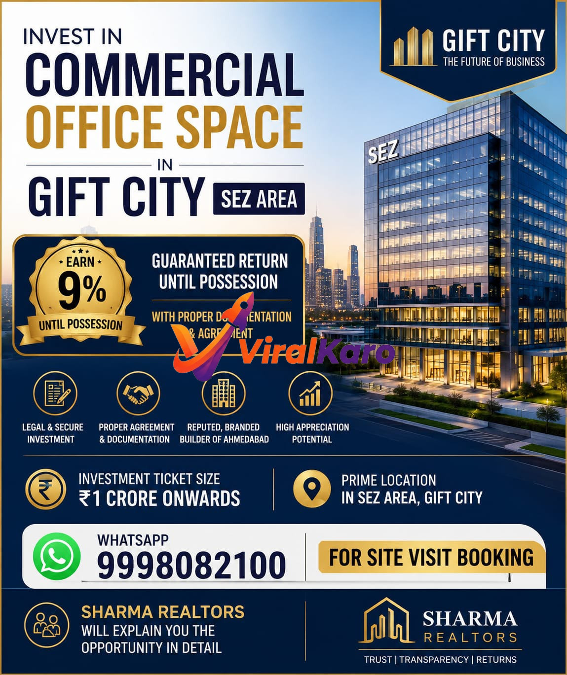 Modern glass-facade skyscraper in GIFT City, Gujarat, representing premium commercial office space investment opportunity.