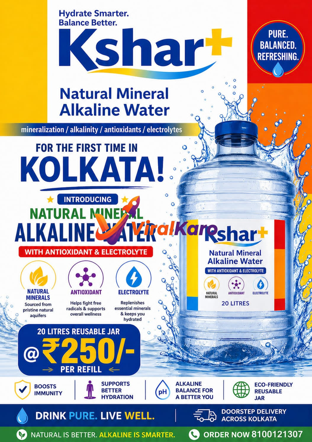 A vibrant advertisement for Kshar+ Natural Mineral Alkaline Water in a 20-litre reusable jar, highlighting its introduction in Kolkata. The bottle features a blue label with the Kshar+ logo, 'Natural Mineral Alkaline Water,' and icons for natural minerals, antioxidant, and electrolyte. Water splashes around the bottle, emphasizing freshness. The ad promotes '20 Litres Reusable Jar @ ₹250/- Per Refill,' and benefits like 'Boosts Immunity,' 'Supports Better Hydration,' 'Alkaline Balance,' and 'Eco-Friendly Reusable Jar.' Contact details and 'Doorstep Delivery Across Kolkata' are also visible.