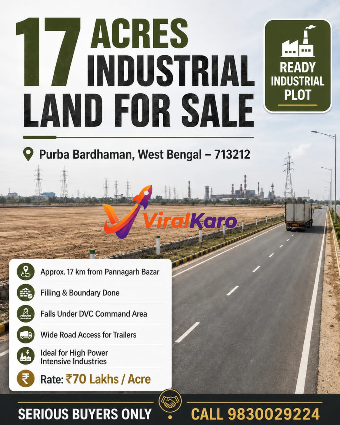 An aerial-view style graphic showing a 17-acre plot of flat industrial land beside a wide paved highway in Purba Bardhaman, featuring text details about land specifications and sale price.