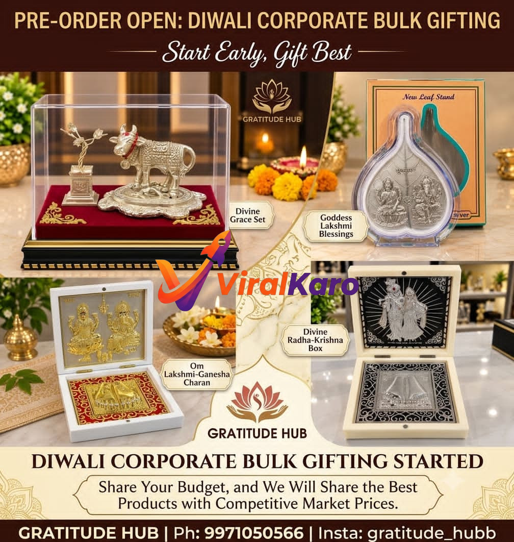 A collection of premium corporate Diwali gifts from Gratitude Hub, featuring silver-toned idols, Goddess Lakshmi and Ganesha sets, and Radha-Krishna boxes.