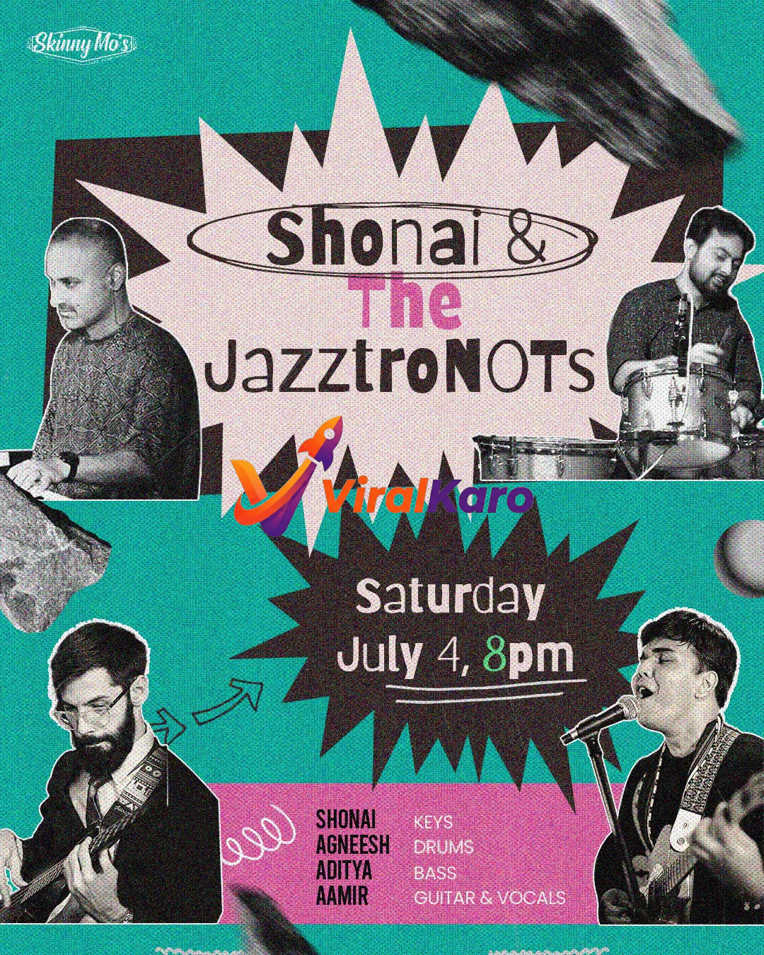 Concert poster for Shonai & The JazztroNOTs at Skinny Mo's Jazz Club featuring band members and event details on a teal background.