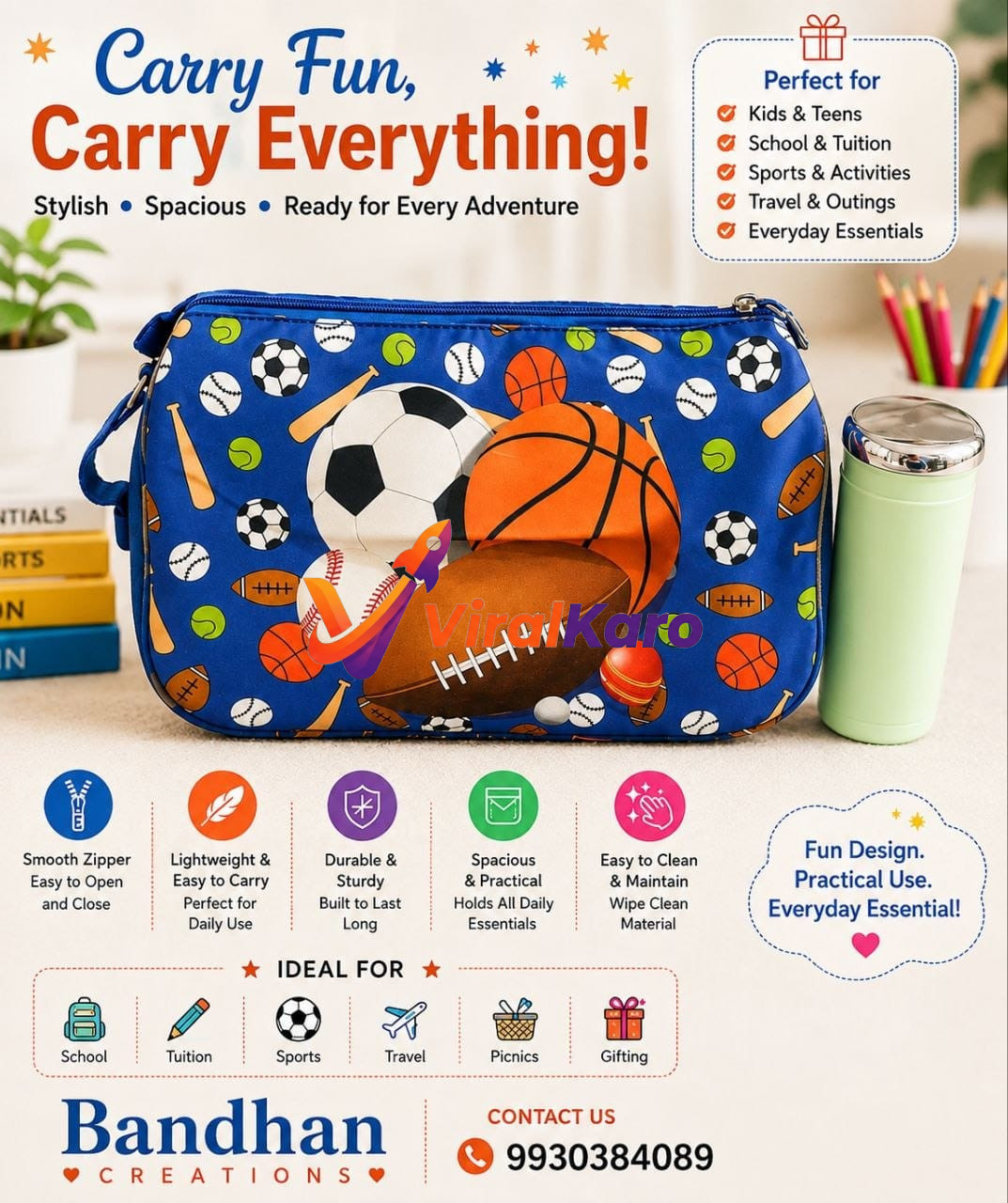 A blue sports-themed multipurpose pouch featuring basketball, soccer ball, and football patterns, marketed by Bandhan Creations for school and travel use.