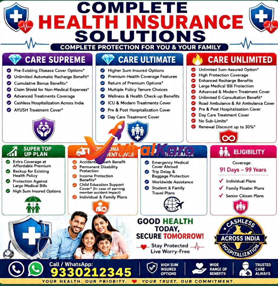 A vibrant advertisement for 'Complete Health Insurance Solutions' featuring a happy Indian family. The ad details various plans: Care Supreme, Care Ultimate, Care Unlimited, Super Top Up, Personal Accident Cover, and Travel Insurance, highlighting benefits like cashless hospitalization across India, pre-existing disease cover, advanced treatments, and renewal discounts. Eligibility for ages 91 days to 99 years is shown, with a prominent call to action to Call/WhatsApp 9330212345.
