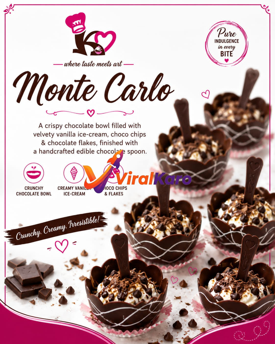 A close-up shot of multiple Monte Carlo desserts, each featuring a crispy chocolate bowl filled with vanilla ice cream, topped with chocolate chips and flakes, and served with a handcrafted edible chocolate spoon.