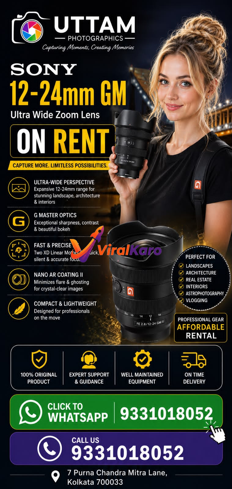 A woman holding a Sony 12-24mm GM lens, featuring an advertisement for lens rentals from Uttam Photographics in Kolkata.