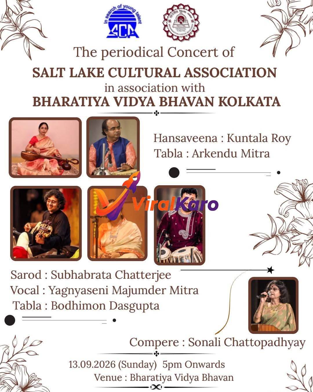 Event poster for a classical concert in Kolkata organized by Salt Lake Cultural Association and Bharatiya Vidya Bhavan, listing performers like Kuntala Roy and Subhabrata Chatterjee.