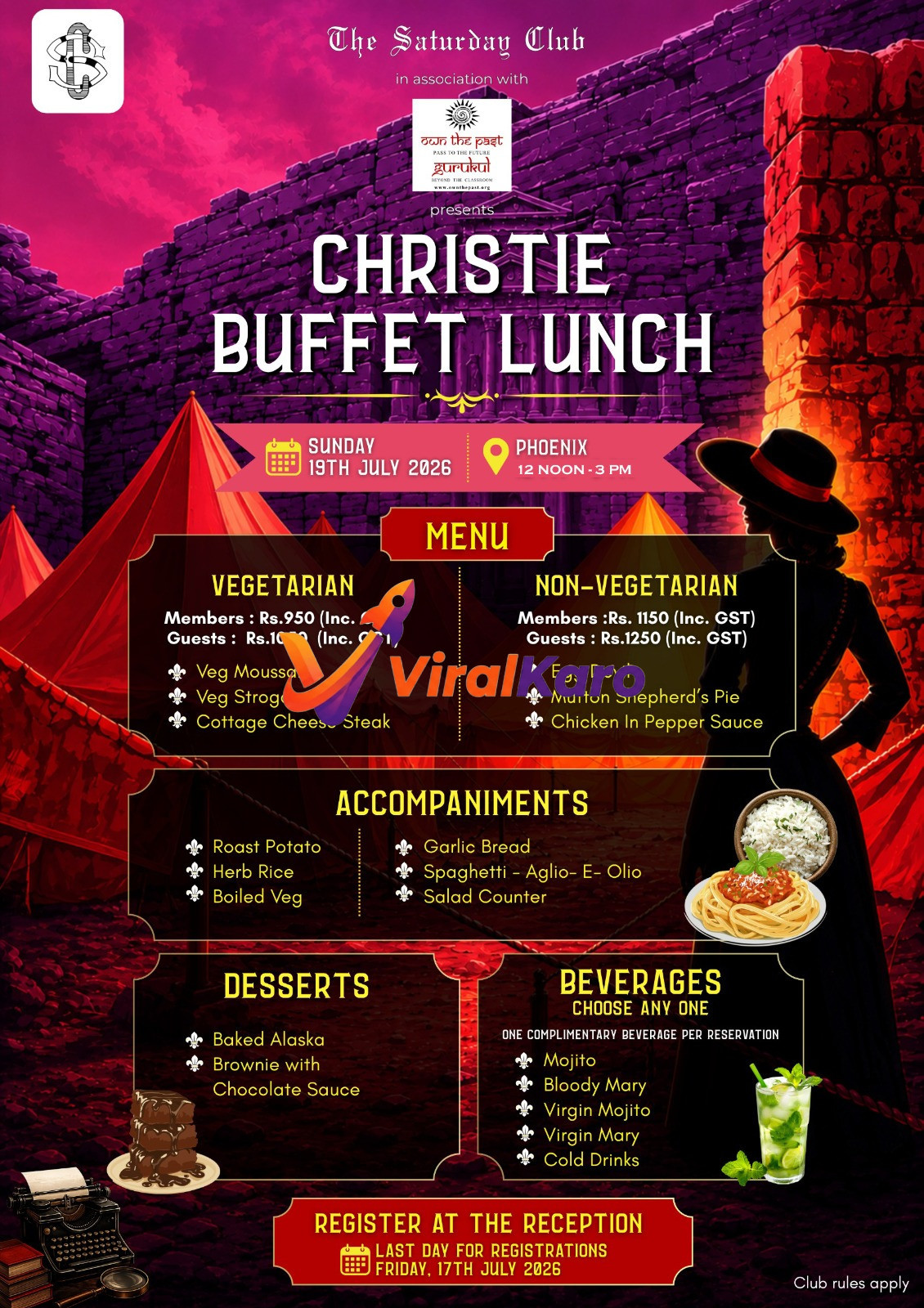 Event flyer for Christie Buffet Lunch at The Saturday Club featuring details on the menu, date, and registration deadline.