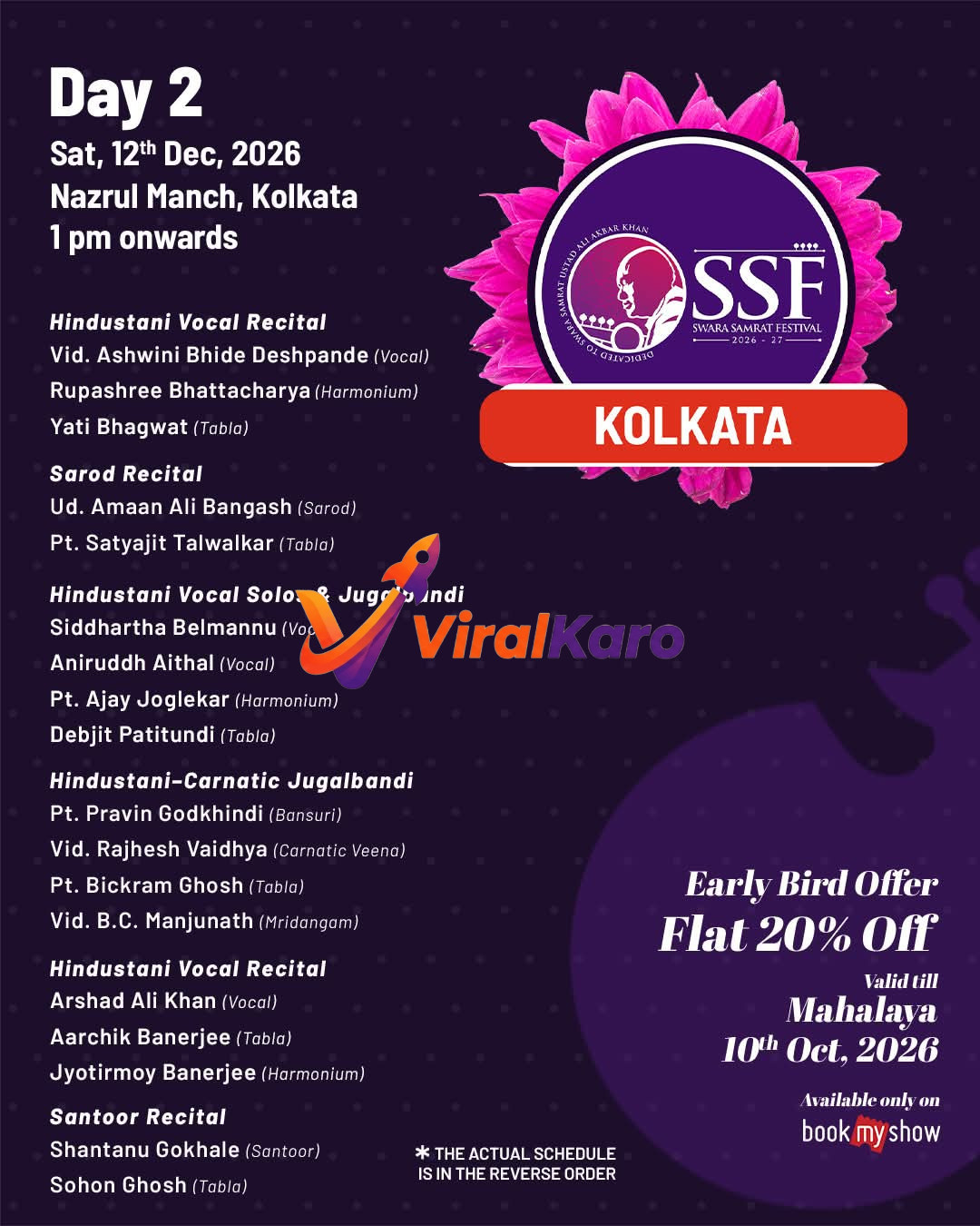 Event poster for Swara Samrat Festival 2026 at Nazrul Manch, Kolkata, listing performing artists like Ashwini Bhide Deshpande and Amaan Ali Bangash.