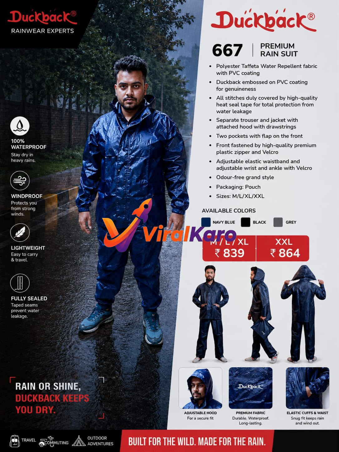 A man wearing a navy blue Duckback 667 premium rain suit standing in the rain, showcasing features like adjustable hood, heat-sealed seams, and waterproof fabric.