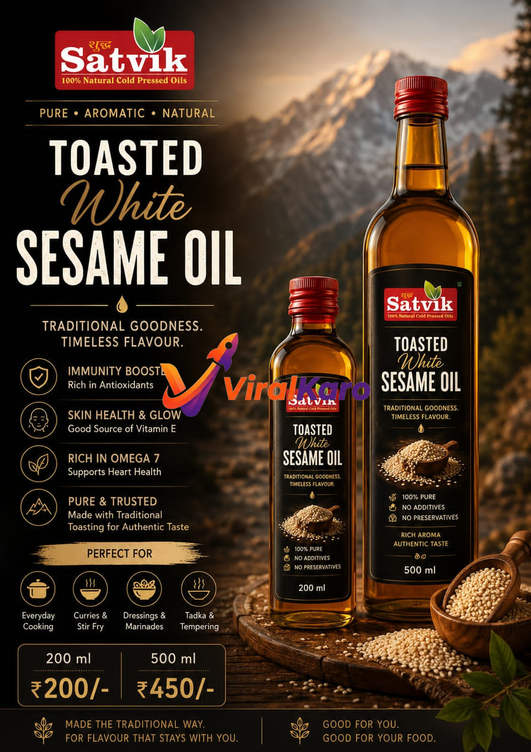Bottles of Satvik Toasted White Sesame Oil in 200ml and 500ml sizes placed on a wooden surface with a backdrop of mountains.