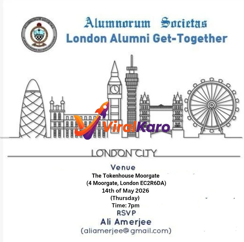 An event poster for the Alumnorum Societas London Alumni Get-Together, featuring a line art skyline of London including landmarks like the Gherkin, Big Ben, Tower Bridge, and the London Eye. The text details the event venue as The Tokenhouse Moorgate (4 Moorgate, London EC2R6DA), date as 14th of May 2026 (Thursday), and time as 7 PM. RSVP contact is Ali Amerjee at aliamerjee@gmail.com. The design has a formal, academic feel with a crest logo in the top left corner.