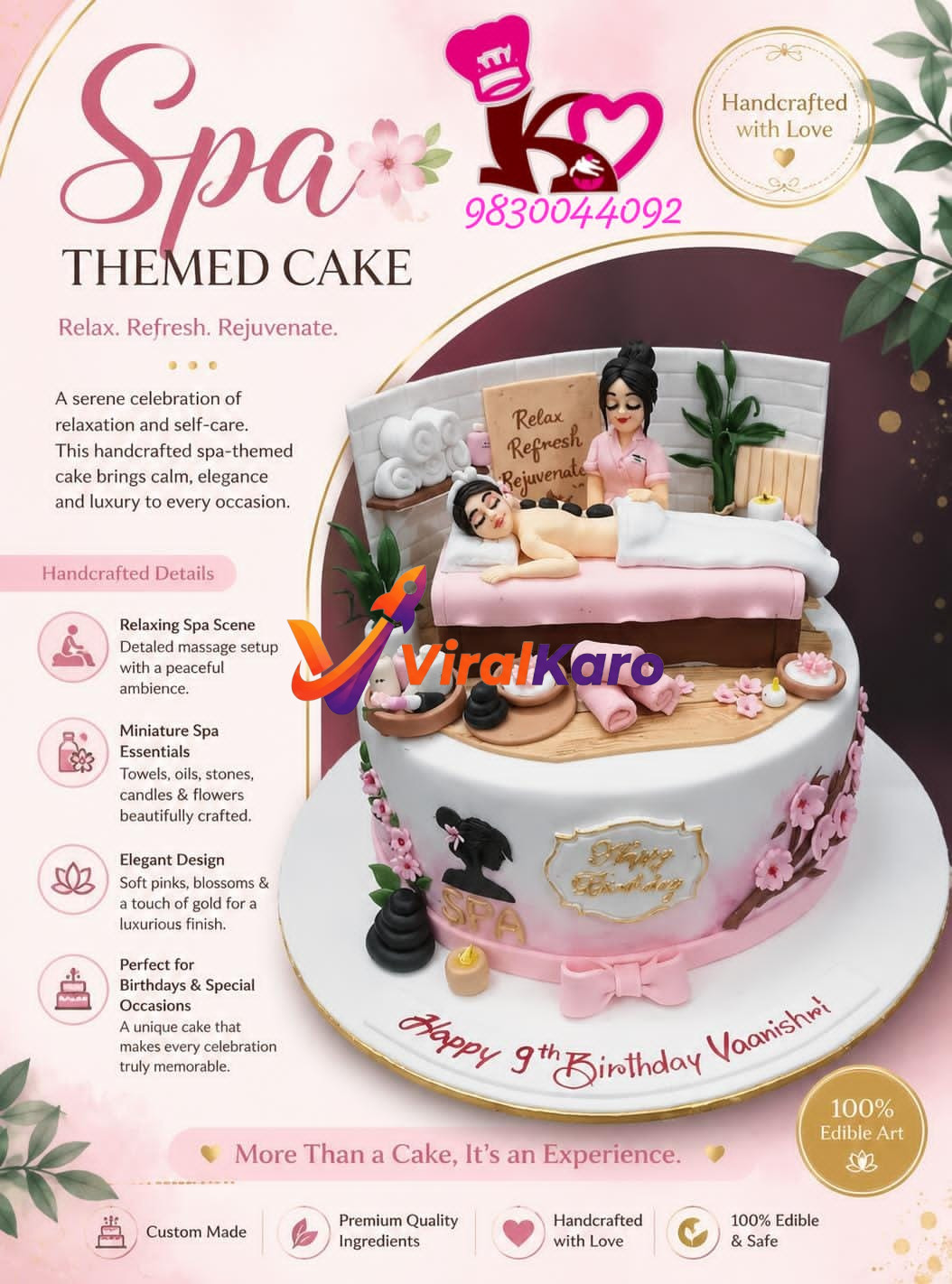 A beautifully crafted spa-themed birthday cake for Vaanishwi's 9th birthday, featuring a miniature fondant scene of a woman relaxing on a massage bed with hot stones, a masseuse, rolled towels, essential oils, and plants. The cake is adorned with pink cherry blossoms and gold accents, with 'Happy 9th Birthday Vaanishwi' written on the base. The design emphasizes relaxation, luxury, and handcrafted details for special occasions.