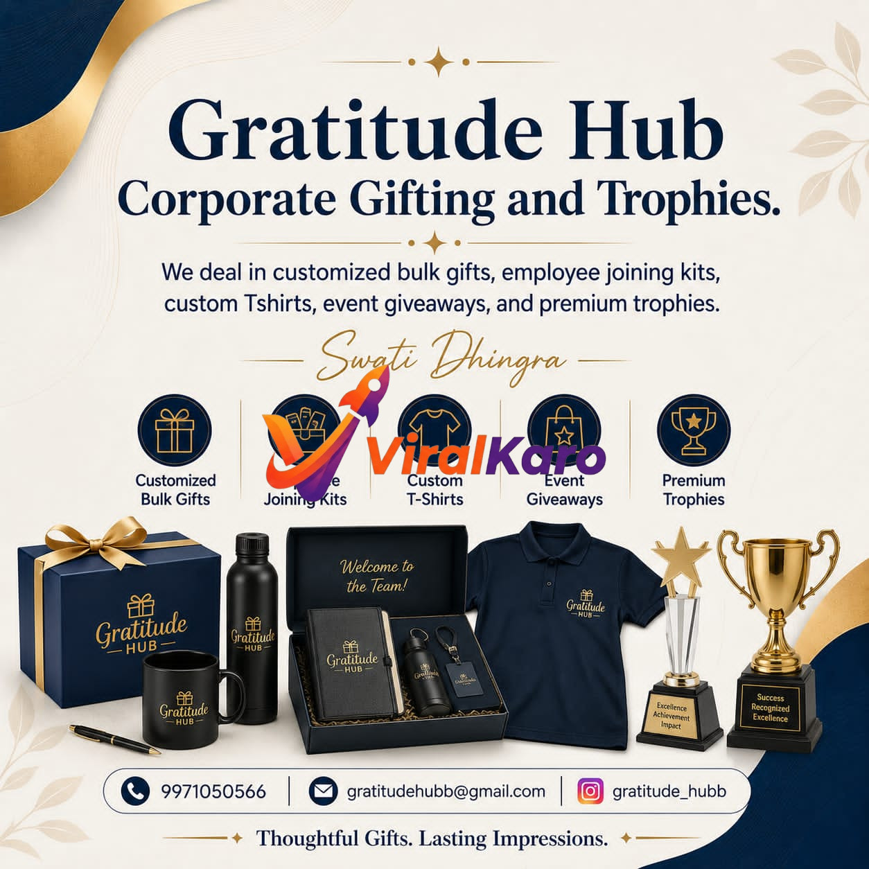 Gratitude Hub corporate gifting and trophies advertisement featuring a dark blue gift box, a black coffee mug, a black water bottle, an employee welcome kit with a notebook and keychain, a navy blue polo t-shirt, and two golden trophies for excellence and success, with contact details for phone, email, and Instagram. The image promotes customized bulk gifts, employee joining kits, custom T-shirts, event giveaways, and premium trophies.