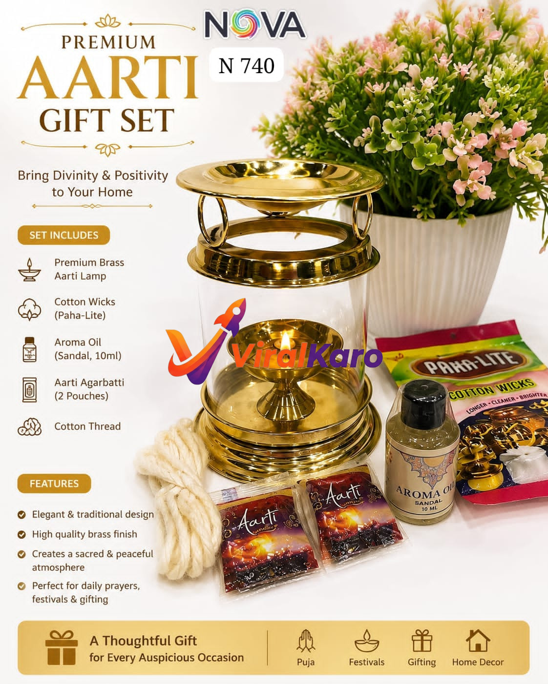 Nova Premium Aarti Gift Set featuring a brass Aarti lamp, a bottle of sandalwood aroma oil, two pouches of agarbatti, a bundle of cotton thread, and a pack of Paha-Lite cotton wicks.