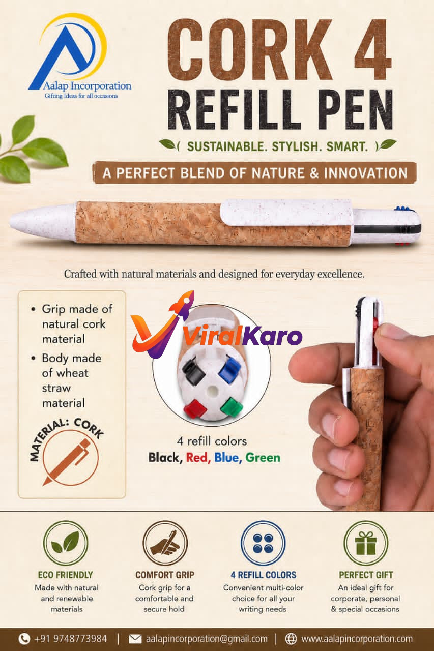 Cork 4 Refill Pen by Aalap Incorporation featuring a natural cork grip, wheat straw body, and four different ink colors: black, red, blue, and green.