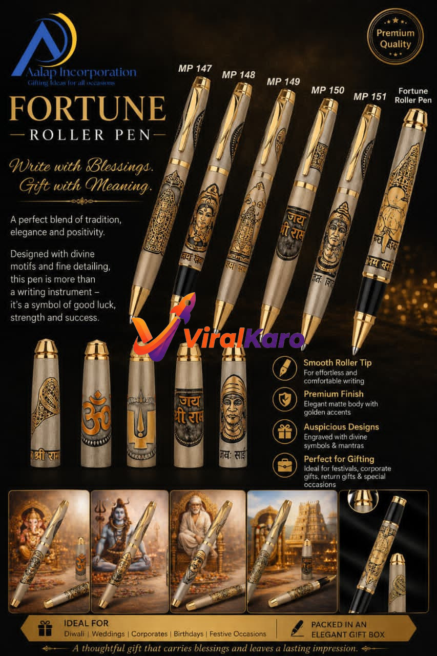 Aalap Incorporation Fortune Roller Pens collection featuring matte finish pens with engraved divine symbols and mantras in an elegant presentation.