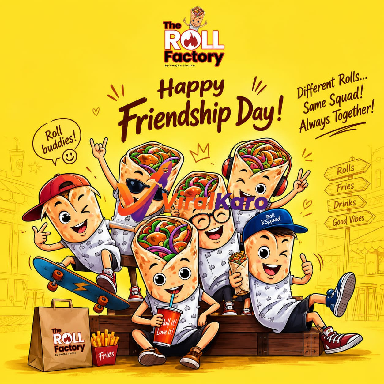 Colorful illustration for Friendship Day showing cartoon roll characters with skateboards, fries, and drinks, branded by The Roll Factory.