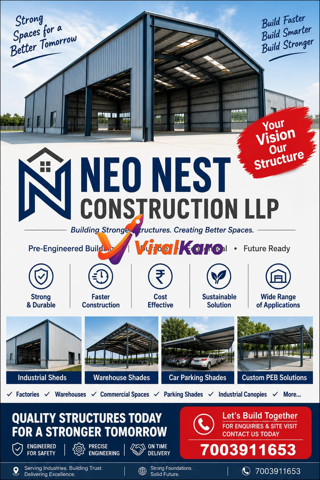 A professional infographic for Neo Nest Construction LLP displaying a large pre-engineered industrial warehouse structure with icons detailing benefits like cost-effectiveness and durability.