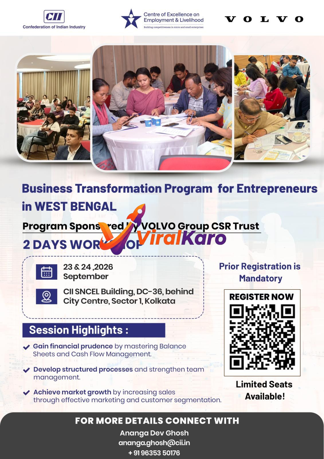 A flyer for a 2-day Business Transformation workshop for entrepreneurs in West Bengal sponsored by Volvo Group CSR, held at the CII SNCEL building in Kolkata.