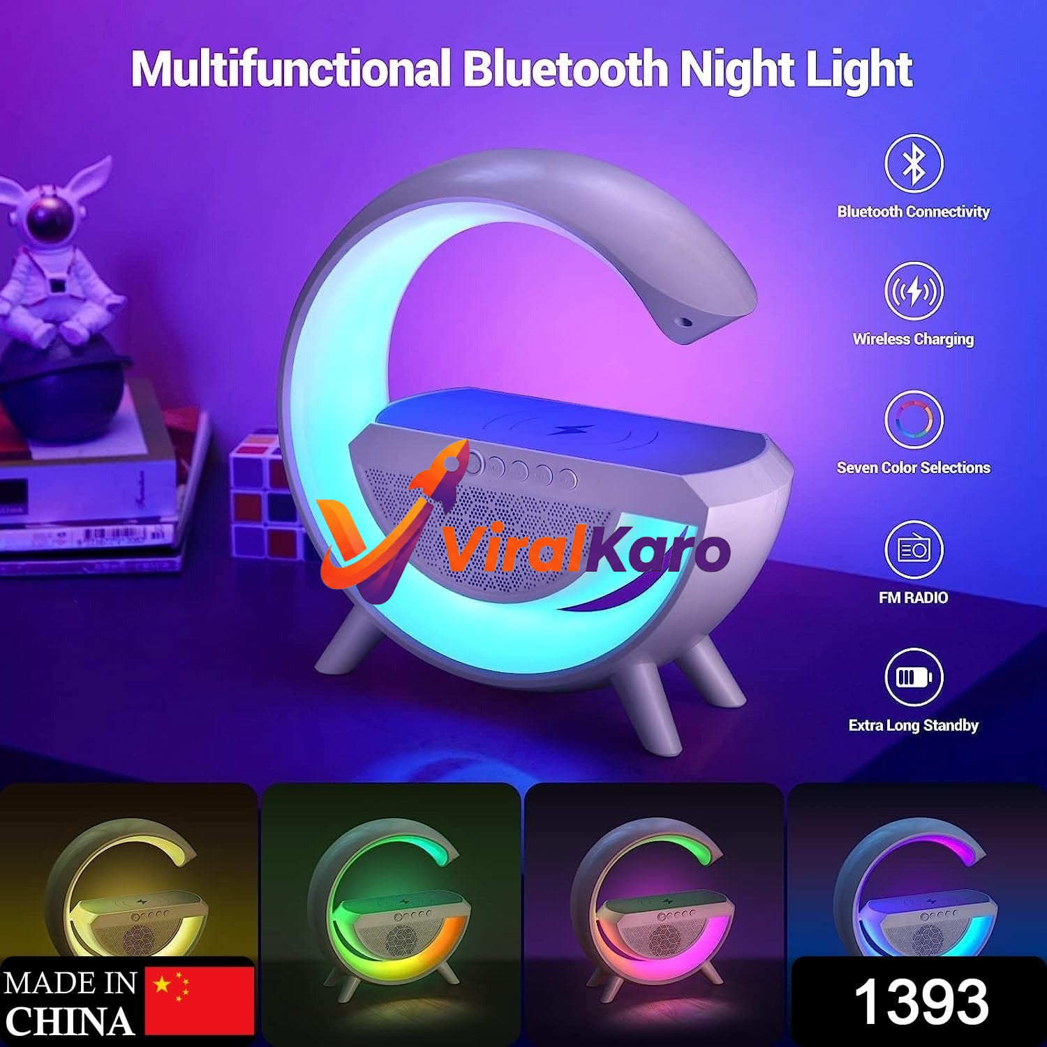 A modern C-shaped multifunctional Bluetooth night light speaker with a wireless charger base, emitting a vibrant blue and purple glow. The image showcases its features: Bluetooth connectivity, wireless charging, seven color selections, FM radio, and extra-long standby, alongside smaller images of the light in yellow, green-orange, and pink-purple hues. The price 1393 is displayed, and it's marked as 'Made in China'.