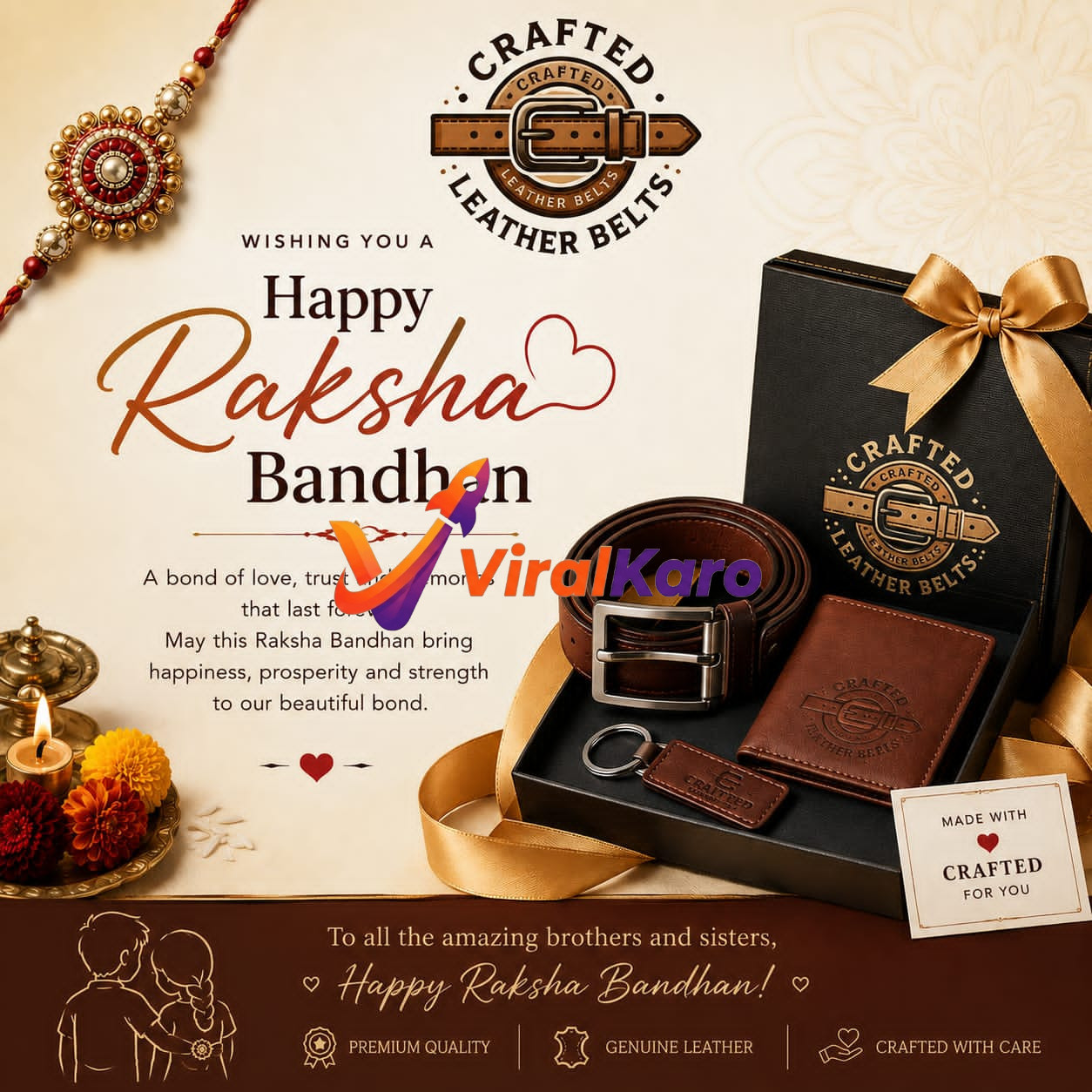 A premium Raksha Bandhan gift set from Crafted Leather Belts featuring a brown genuine leather belt, a wallet, and a keychain inside an elegant gift box, with a Rakhi thread in the background.