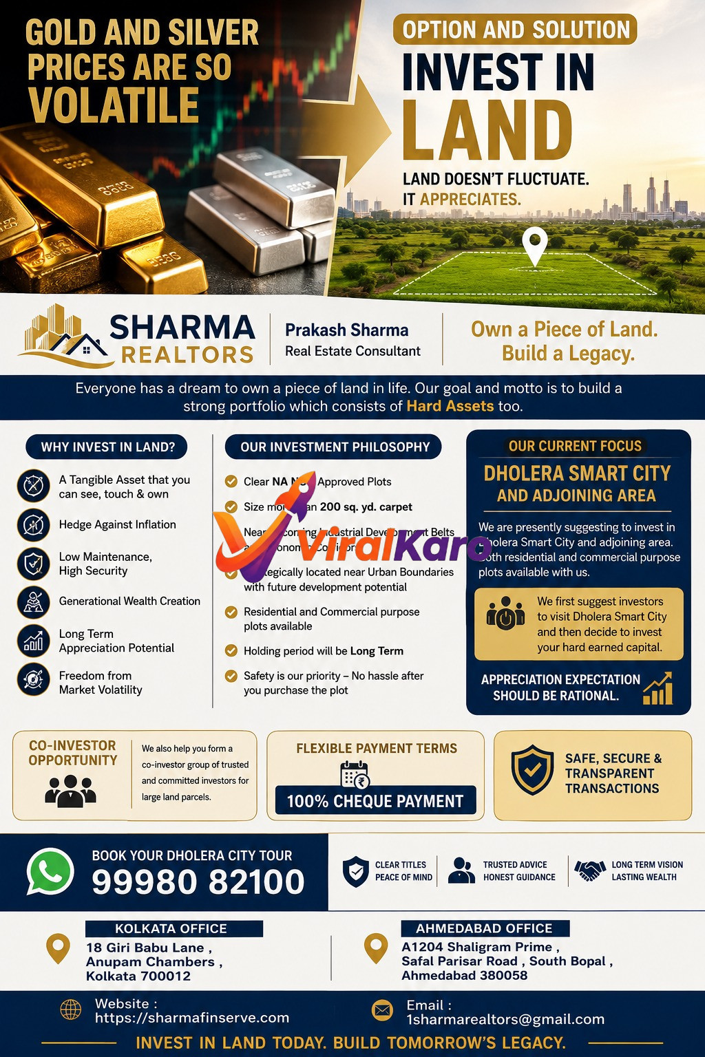 Sharma Realtors investment advertisement highlighting land investment in Dholera Smart City versus gold and silver, showing office contact details for Kolkata and Ahmedabad.