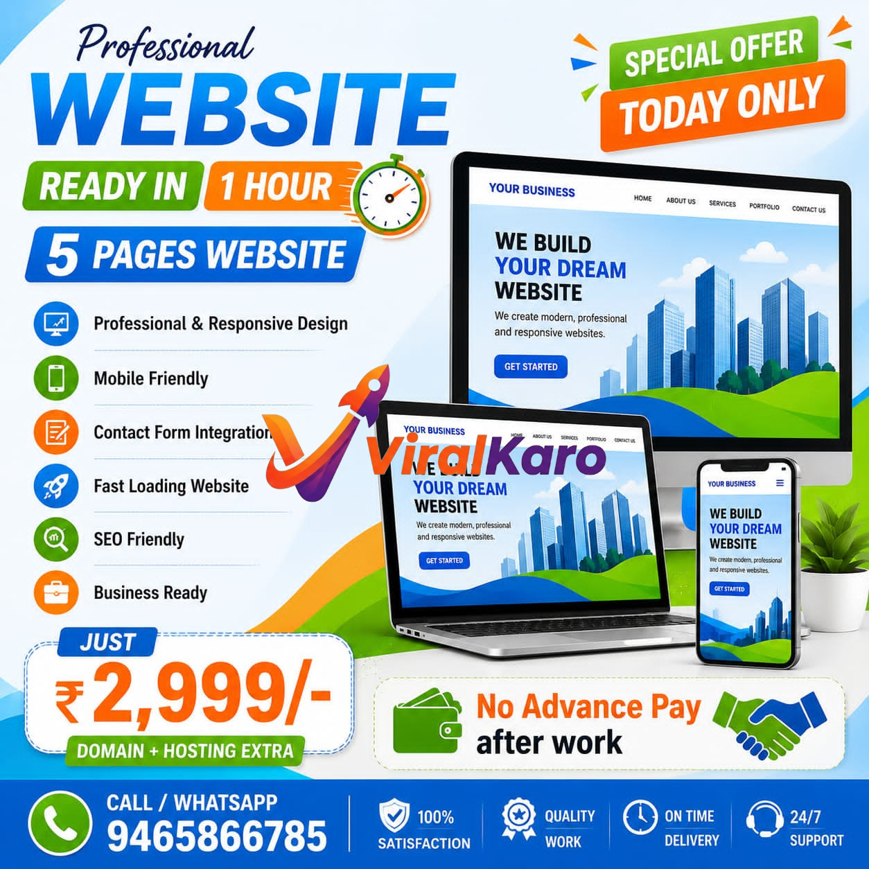 ViralKaro professional business website service advertisement showing desktop, laptop, and mobile mockup screens with a 1-hour delivery promise and price offer.