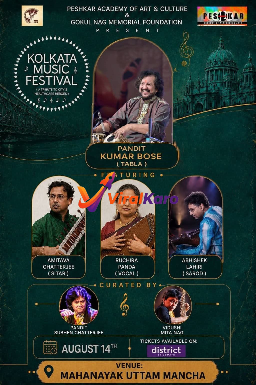 Event poster for Kolkata Music Festival featuring Pandit Kumar Bose and other classical musicians, taking place at Mahanayak Uttam Mancha on August 14th.