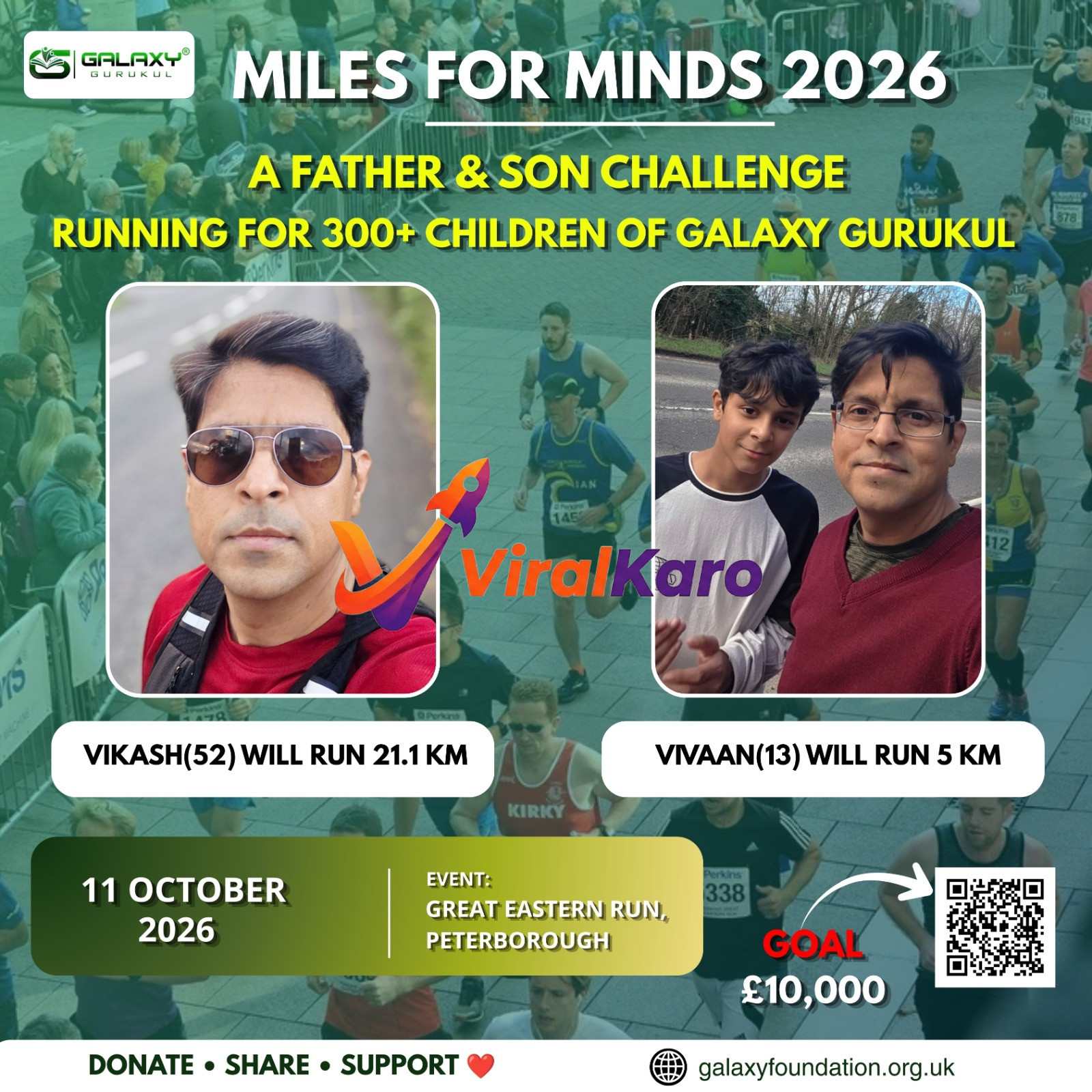 Father and son posing for a charity run titled Miles for Minds 2026, with event details and fundraising goal visible against a background of runners.
