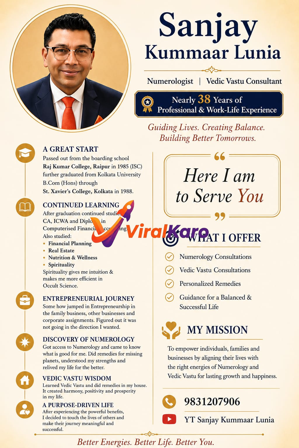 Professional portrait of Sanjay Kummaar Lunia, Numerologist and Vedic Vastu Consultant, presented with his professional bio and service details.