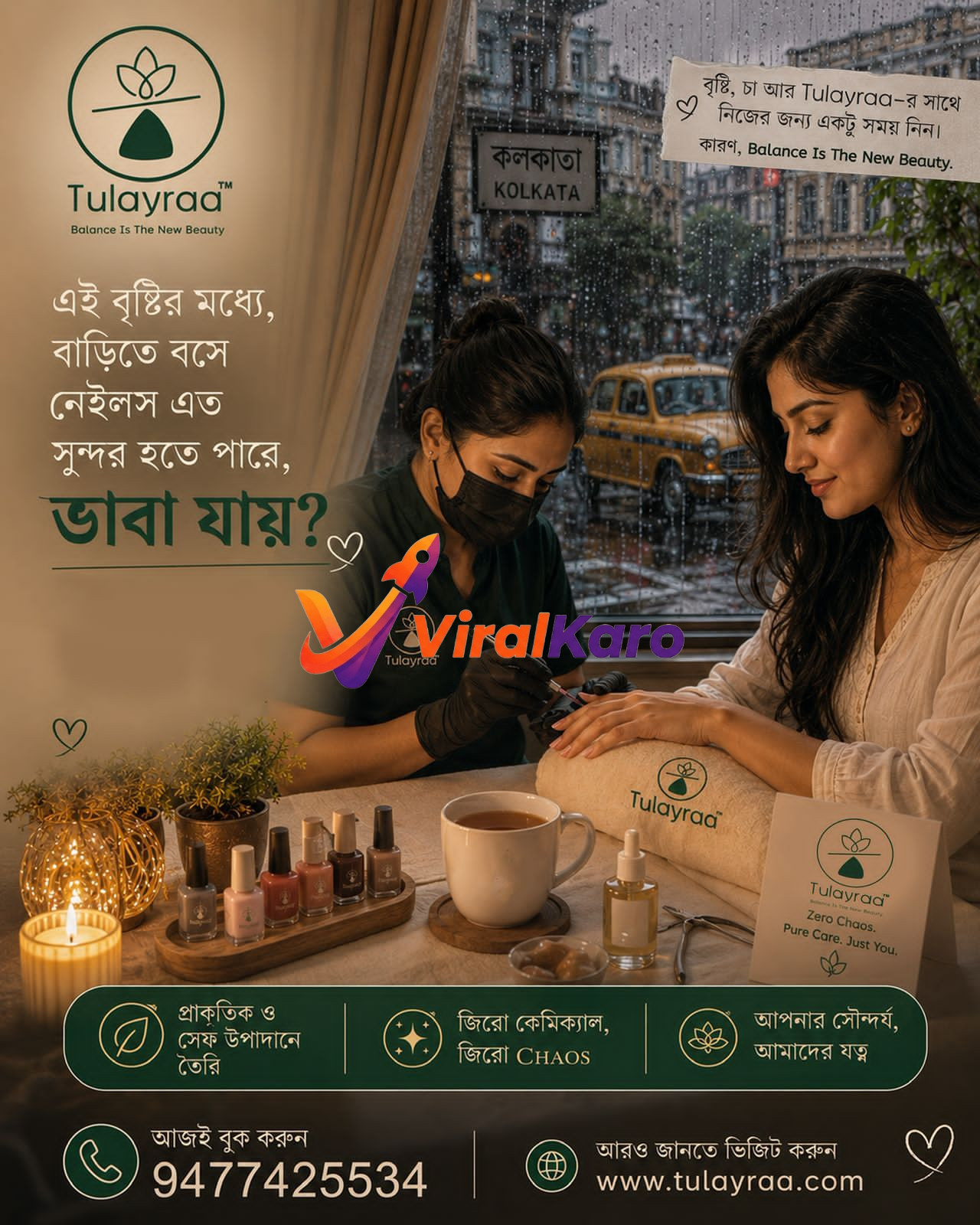 A professional nail technician applying nail polish to a client's hands at a cozy home setup in Kolkata, with a rainy city view and a yellow taxi visible through the window.
