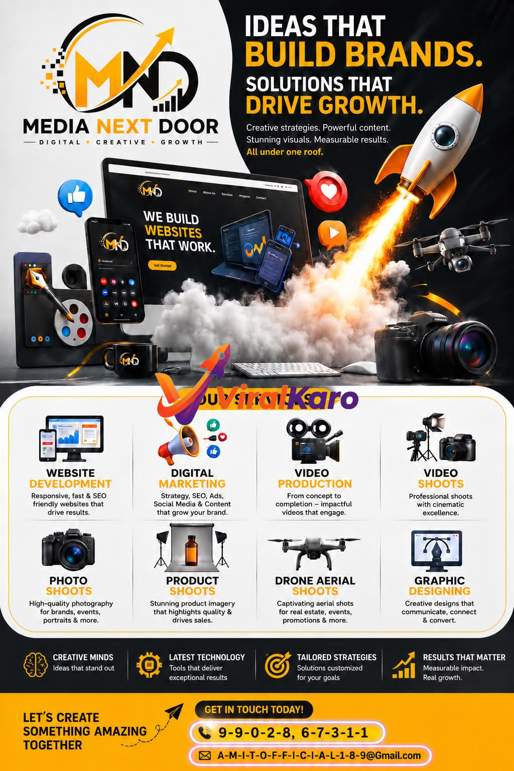 Digital marketing agency branding poster by Media Next Door featuring rocket, drone, and professional photography equipment.