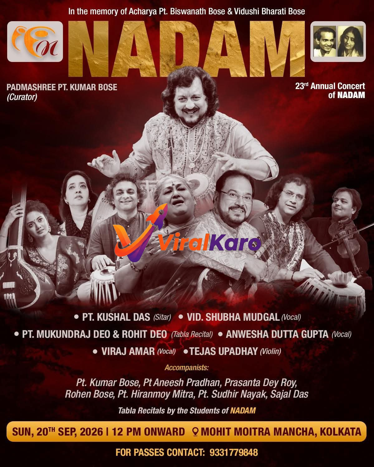 Event poster for the 23rd Annual Concert of NADAM featuring Padmashree Pt. Kumar Bose and other classical musicians, held at Mohit Moitra Mancha, Kolkata.